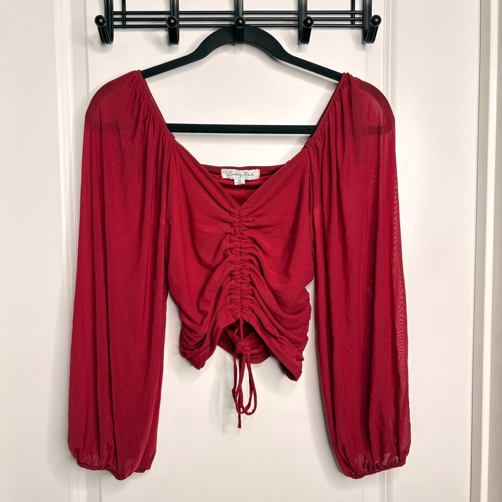 Emory Park Date Night Cropped Blouse Red Ruched Mesh Sweetheart Neck Sexy Chic